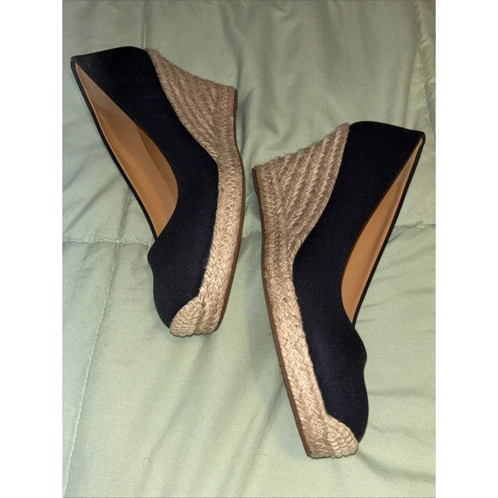 J. Crew Preppy Navy Blue Canvas Espadrille Wedges Jute Heel Size 6.5